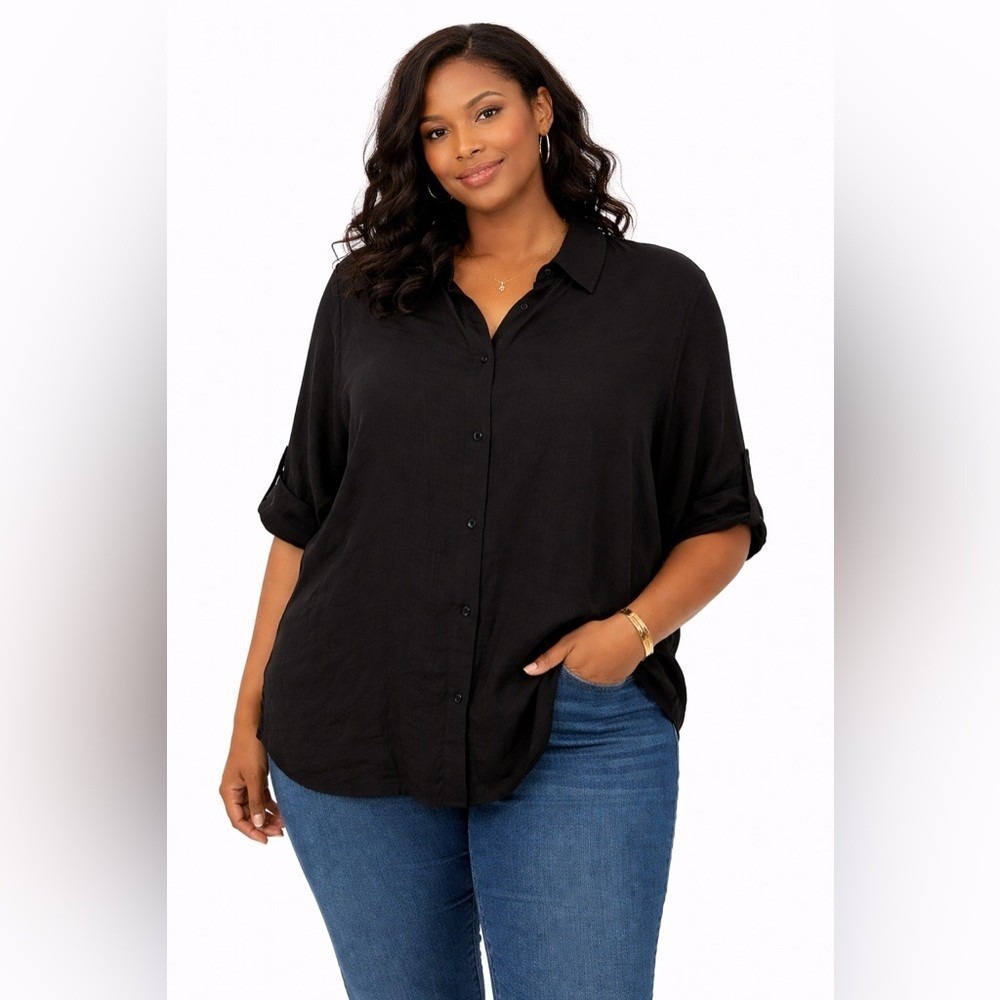Lefties Womens XL‎ Black Viscose Roll Tab Sleeve Button Down Relaxed Shirt Top